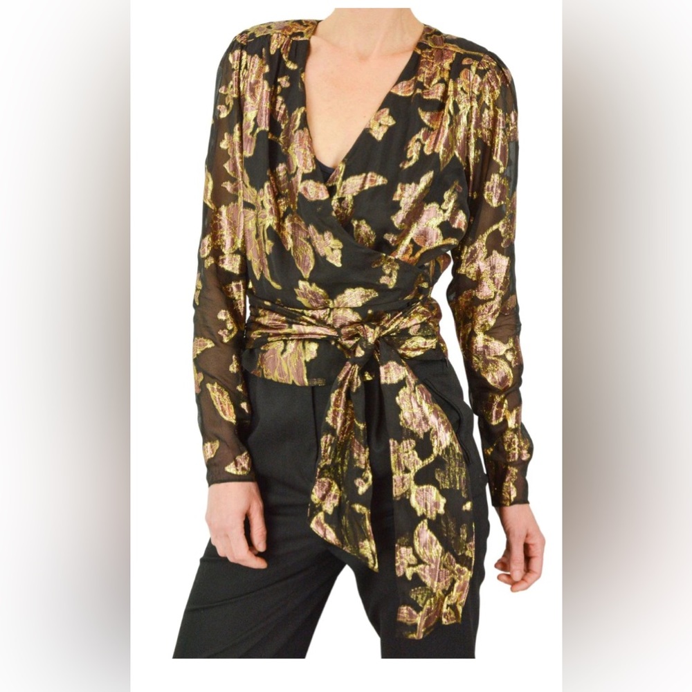 $345 Ramy Brook Women's Black Metallic Jacquard Wrap Silk Blouse Top Size 2